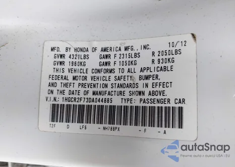 2013 Honda Accord Ex from USA, damaged, VIN 1HGCR2F73DA044885